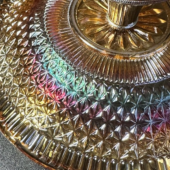 VINTAGE MARIGOLD CARNIVAL GLASS 8.25" BOWL ON METAL STAND - Picture 9 of 12